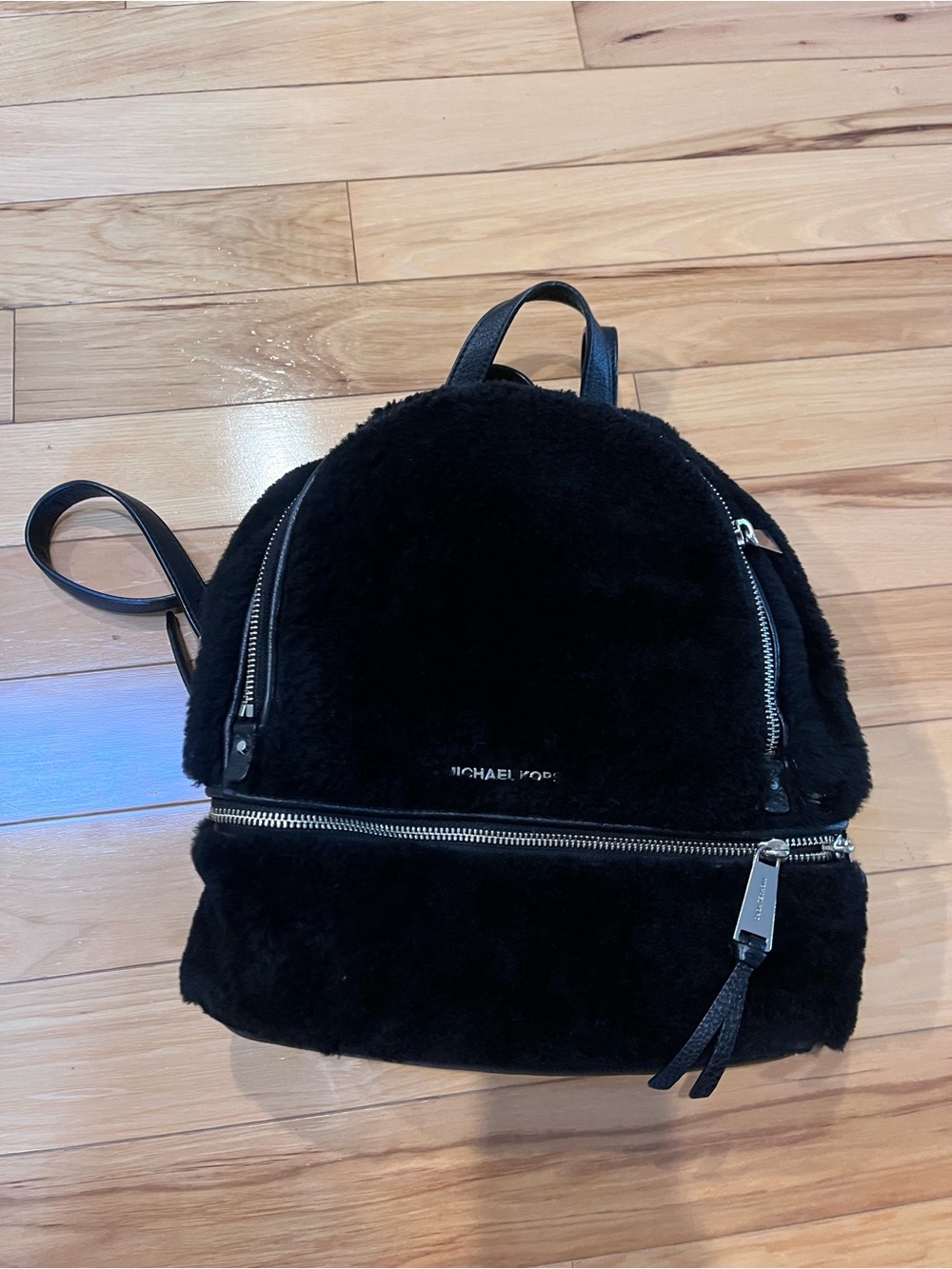 Michael Kors Black Faux-Shearling Mini Backpack with Silver Zippers